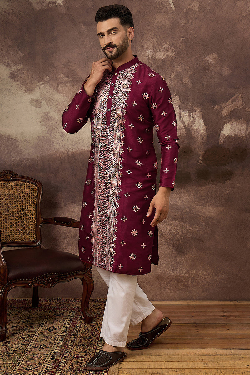 Maroon Silk Blend Solid Embroidered Straight Kurta With Pant Set MKSET1369