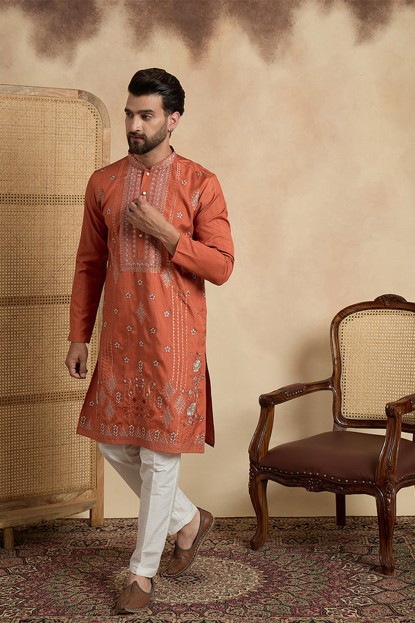 Orange Silk Blend Solid Embroidered Straight Kurta MKU2524