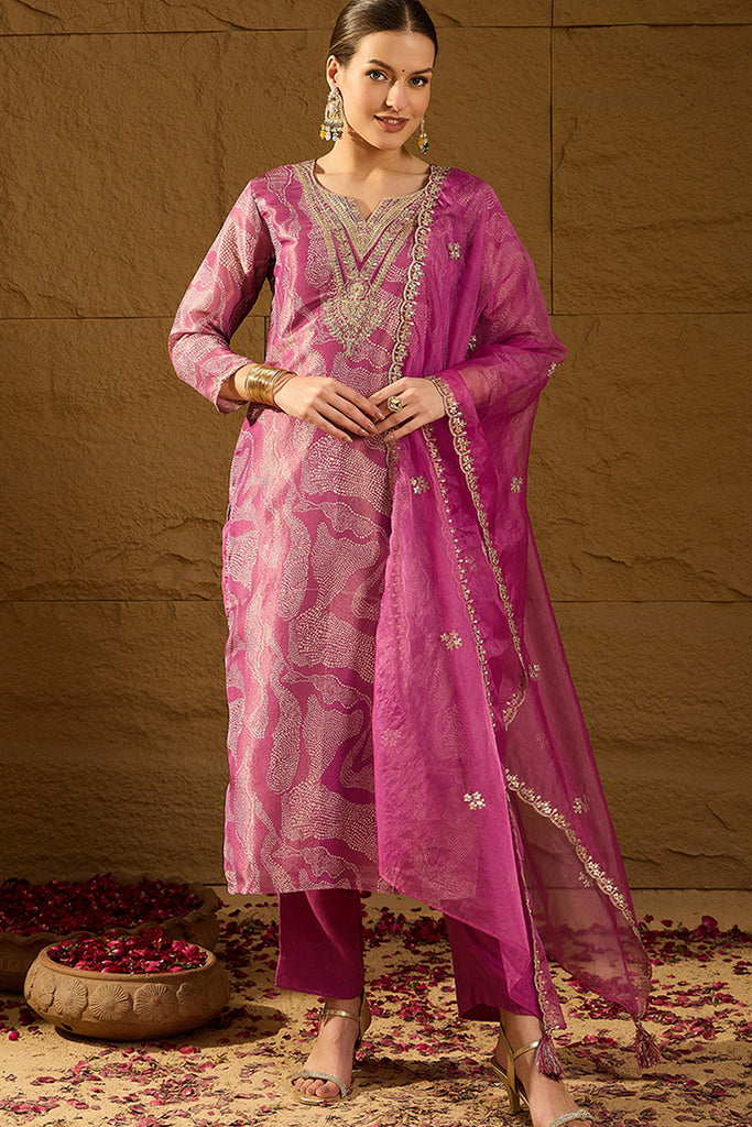Purple Silk Blend Abstract Woven Design Straight Kurta Trousers With Dupatta SKSKD3003