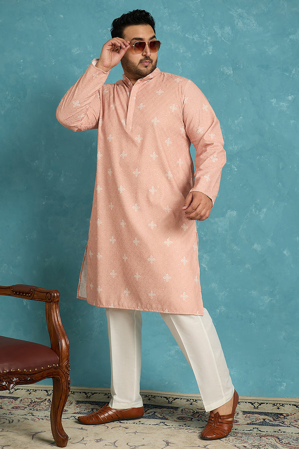 Peach Viscose Rayon Bandhani Thread Work Embroidered Kurta MKU1587