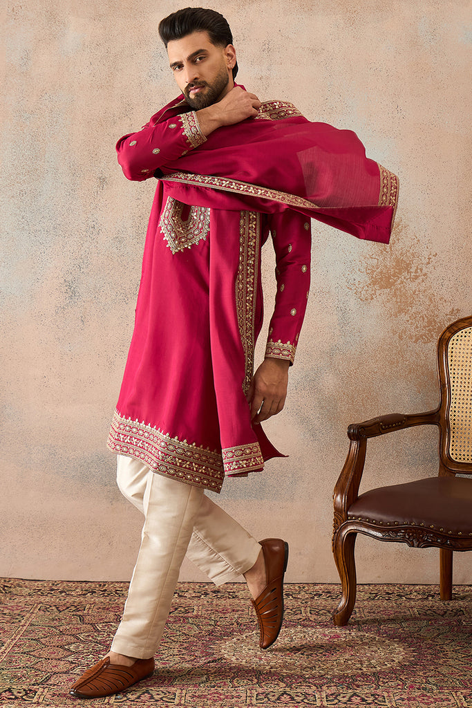 Pink Silk Blend Solid Embroidered Kurta With Dupatta MKUD1030