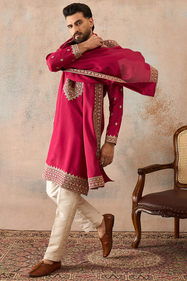 Pink Silk Blend Solid Embroidered Kurta With Dupatta MKUD1030