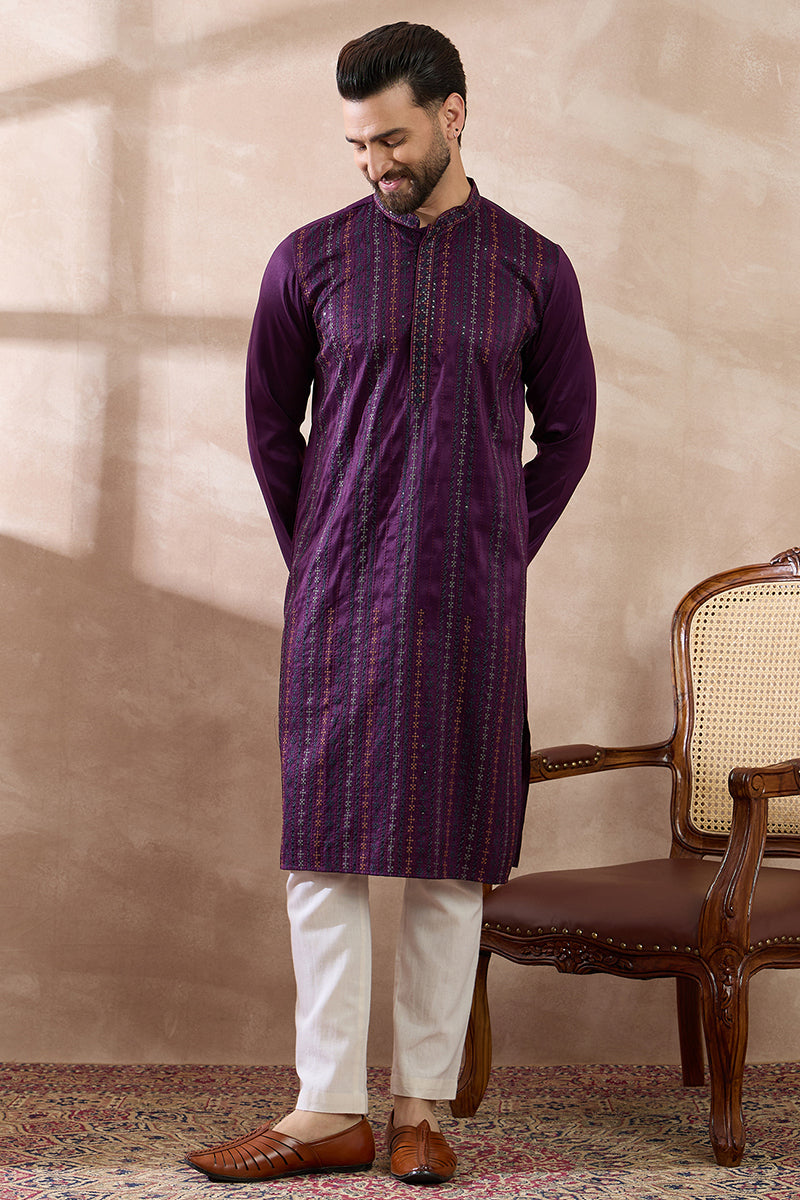 Purple Silk Blend Embroidered Mandarin Collar Straight Kurta With Trouser MKSET2038