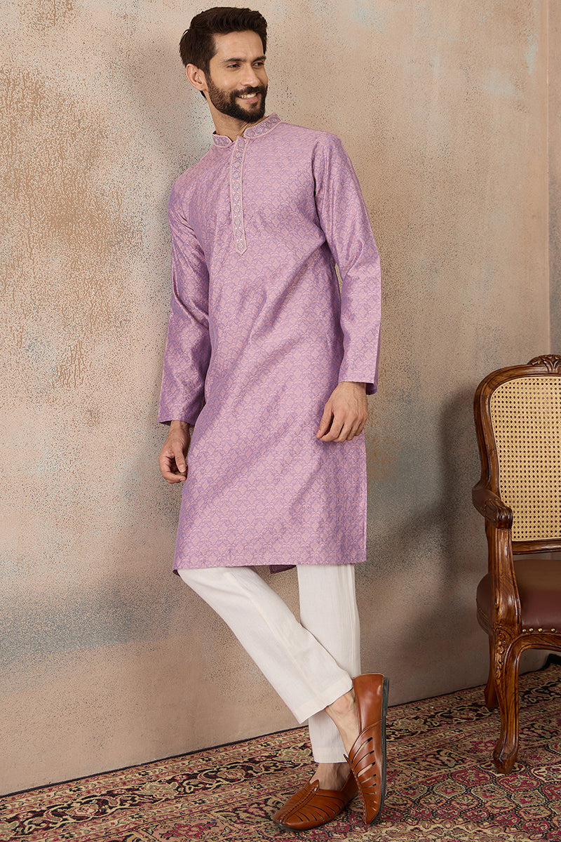 Lavender Jacquard Solid Embroidered Kurta With Trouser MKSET2466
