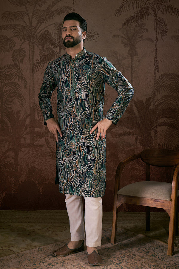 Navy Blue Silk Blend Abstract Printed Straight Kurta MKU1958