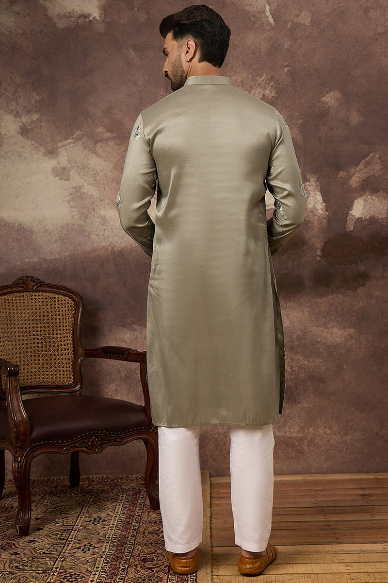 Green Silk Blend Solid Embroidered Straight Kurta with Trouser MKSET1345