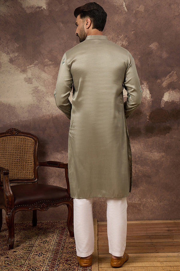 Green Silk Blend Solid Embroidered Straight Kurta with Trouser MKSET1345