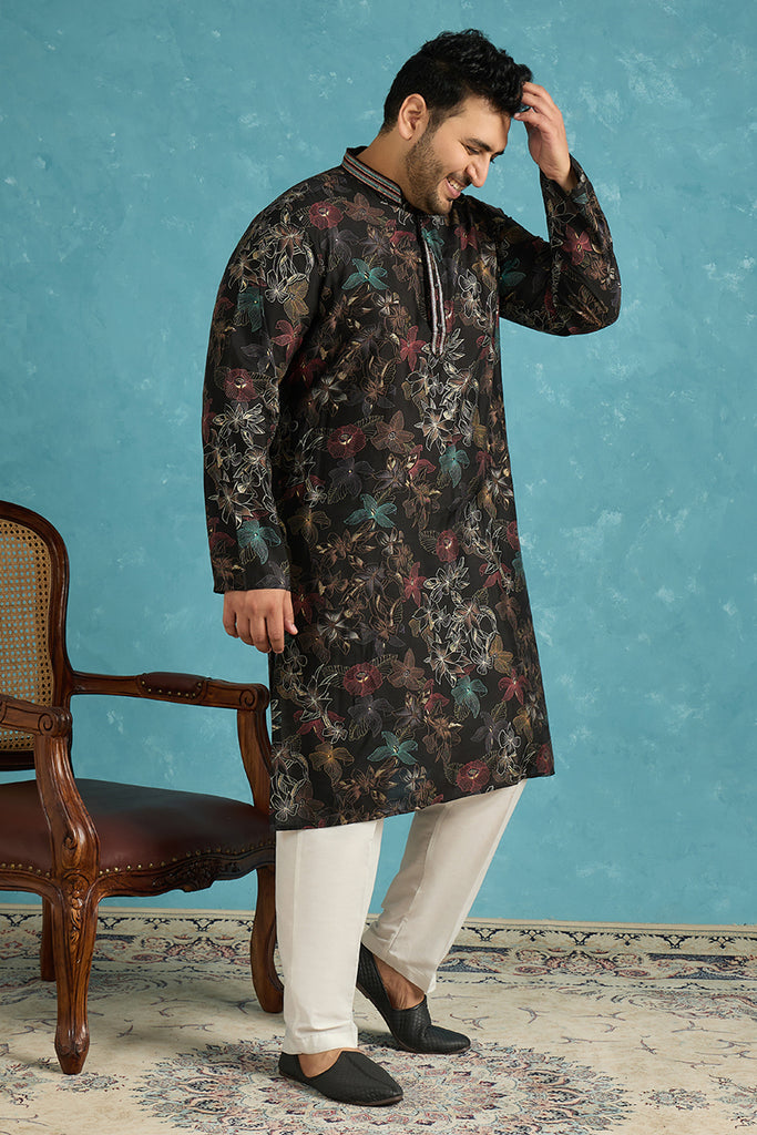 Black Silk Blend Floral Printed Kurta MKU1956
