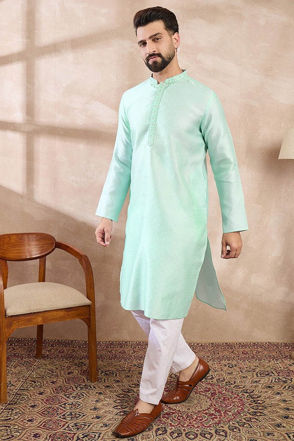 Blue Silk Blend Solid Embroidered Straight Kurta With Trouser MKSET1734