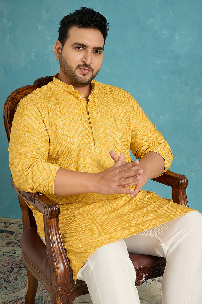 Yellow Viscose Rayon Solid Thread Work Embroidered Kurta MKU1204