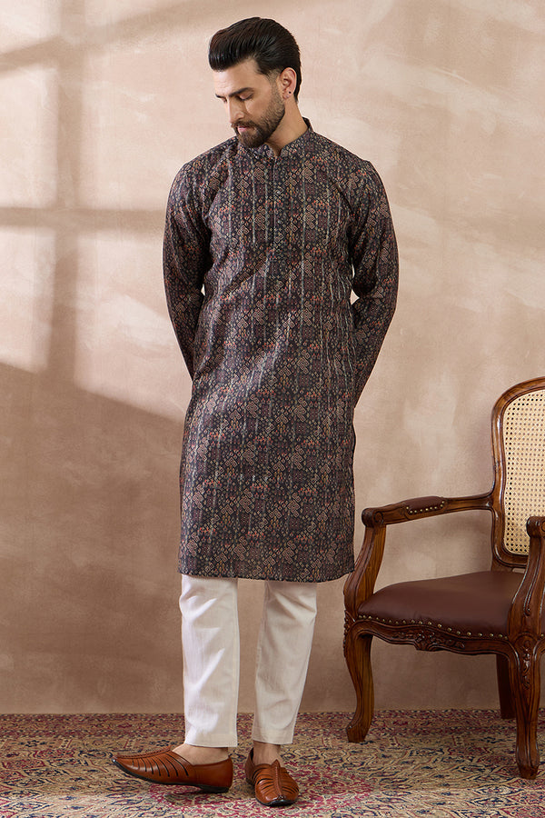 Black Silk Blend Printed Mandarin Collar Straight Kurta With Trouser MKSET2116