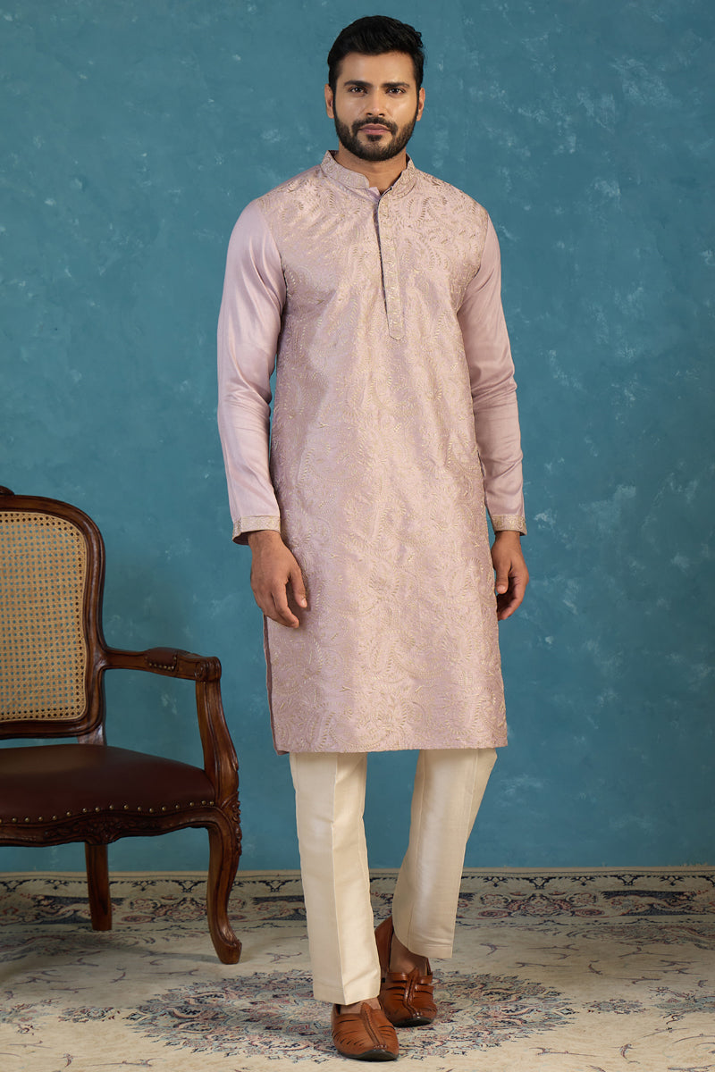 Lavender Silk Blend Embroidered Straight Kurta Sets MKSET2103