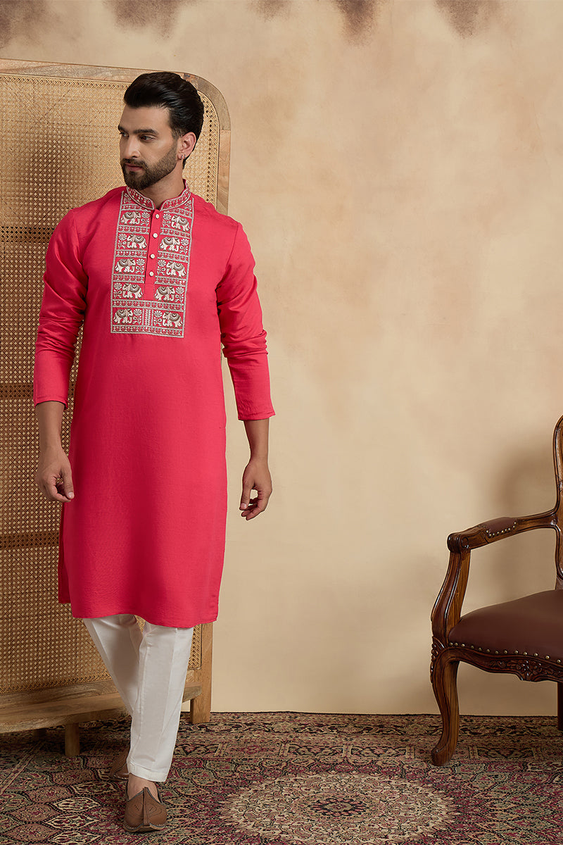 Pink Viscose Rayon Solid Embroidered Thread Work Kurta With Trouser MKSET2459