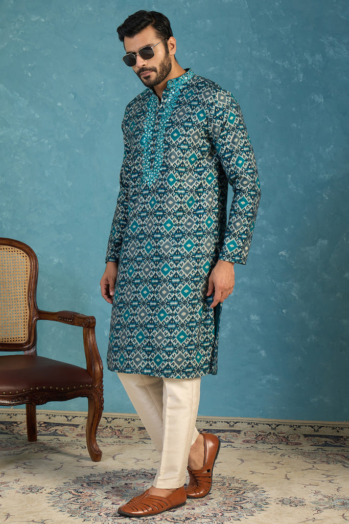 Sea Green Silk Blend Ethnic Motifs Ikat Printed Kurta MKU1893