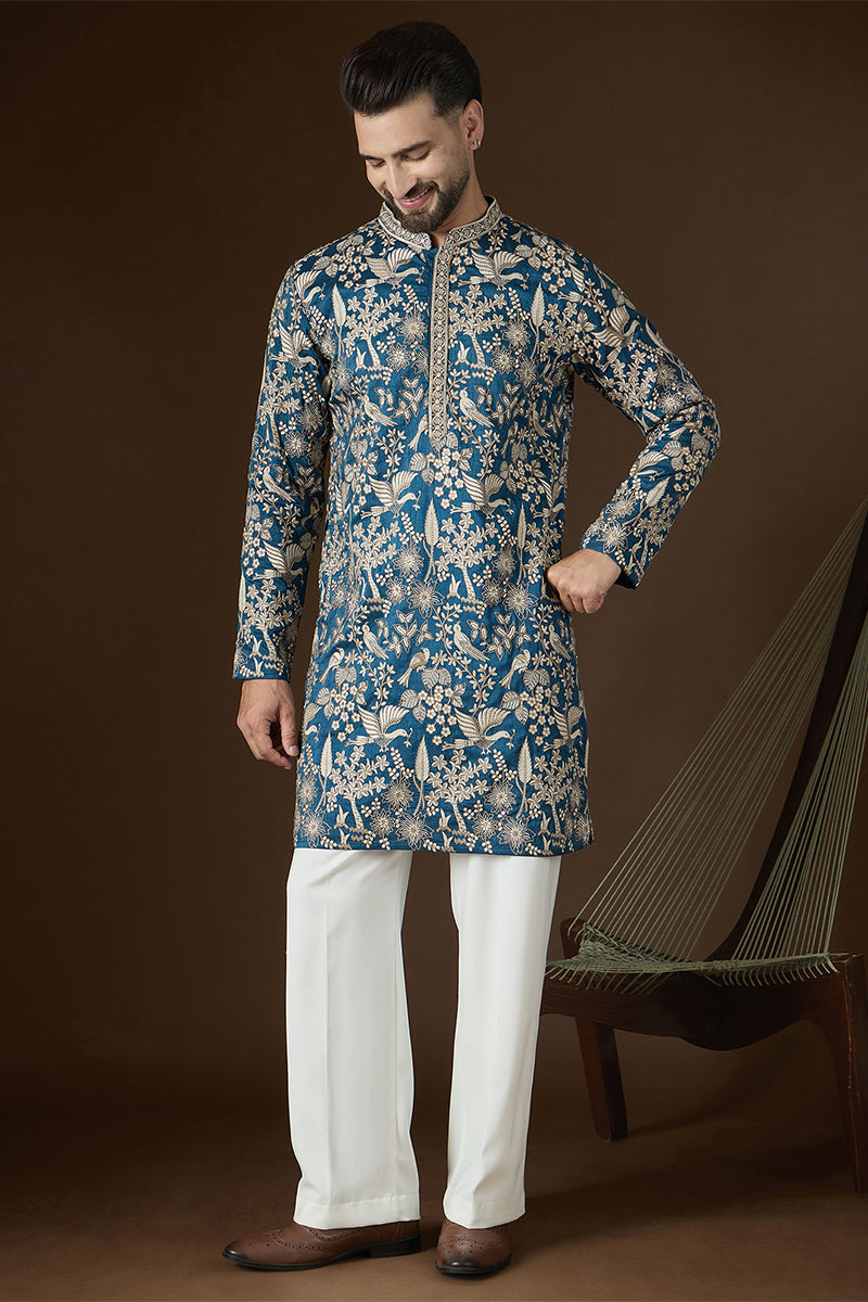 Blue Silk Blend Solid Embroidered Kurta MKU2728