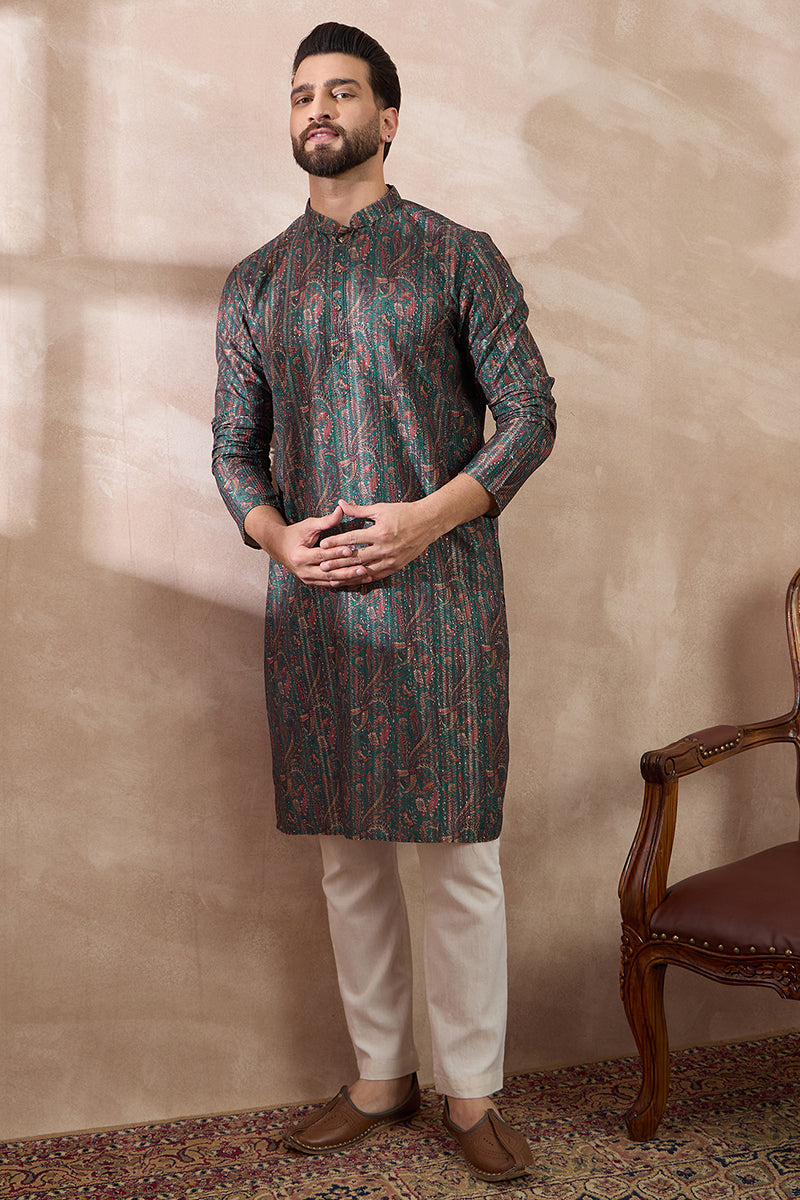 Green Silk Blend Printed Mandarin Collar Straight Kurta MKU2050