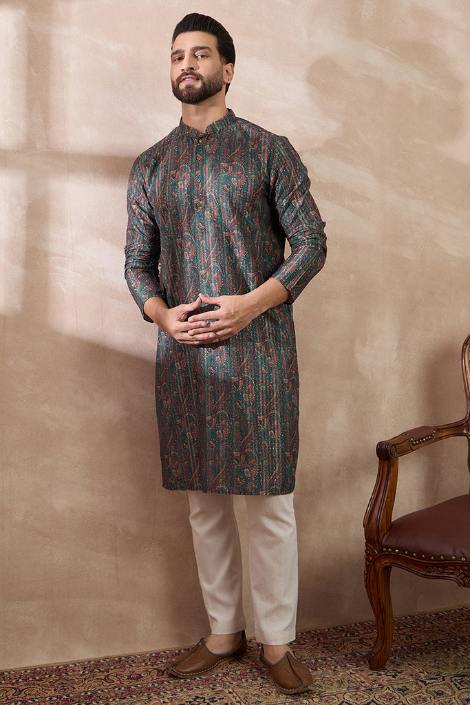 Green Silk Blend Printed Mandarin Collar Straight Kurta MKU2050