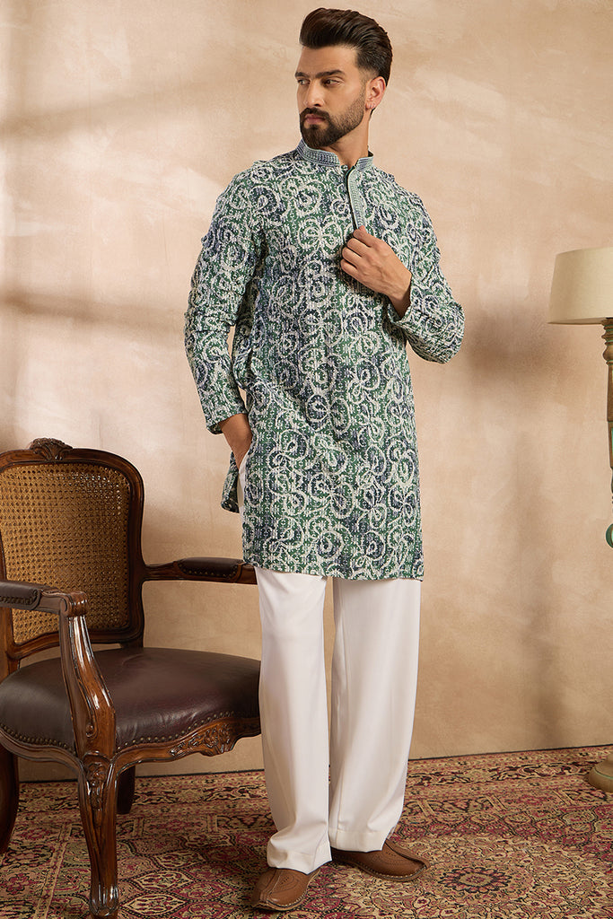 Green Viscose Rayon Batik Embroidered Straight Kurta With Trouser MKSET1718