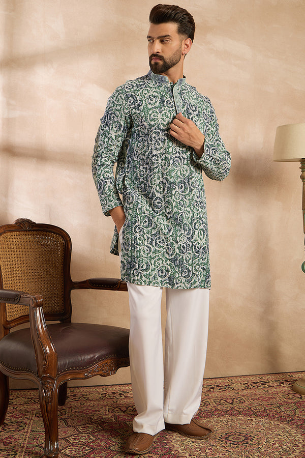 Green Viscose Rayon Batik Embroidered Straight Kurta With Trouser MKSET1718