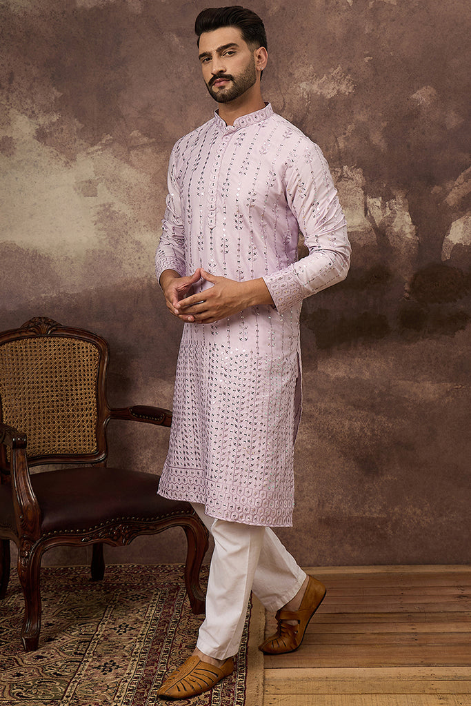Lavender Silk Blend Solid Embroidered Straight Kurta MKU1359