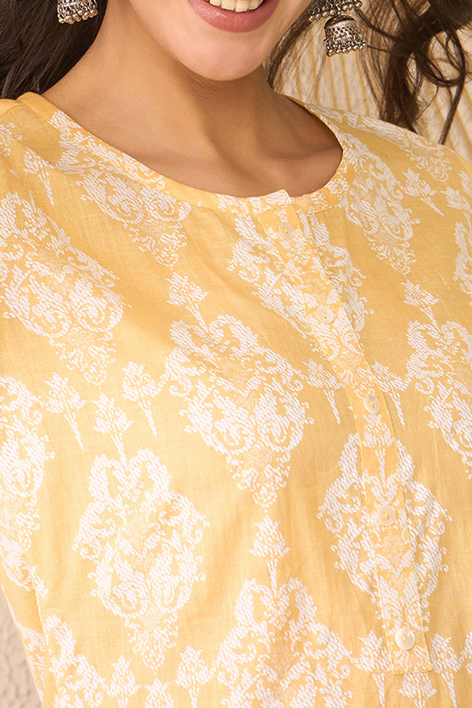 Yellow Cotton Blend Ethnic Motifs Printed Regular Top VT1389