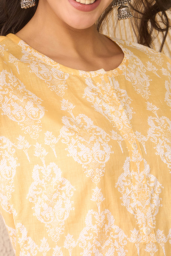 Yellow Cotton Blend Ethnic Motifs Printed Regular Top VT1389
