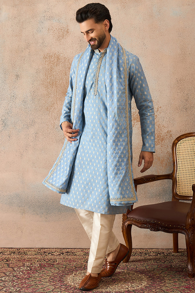 Blue Jacquard Woven Design Floral Straight Kurta with Dupatta MKUD1019