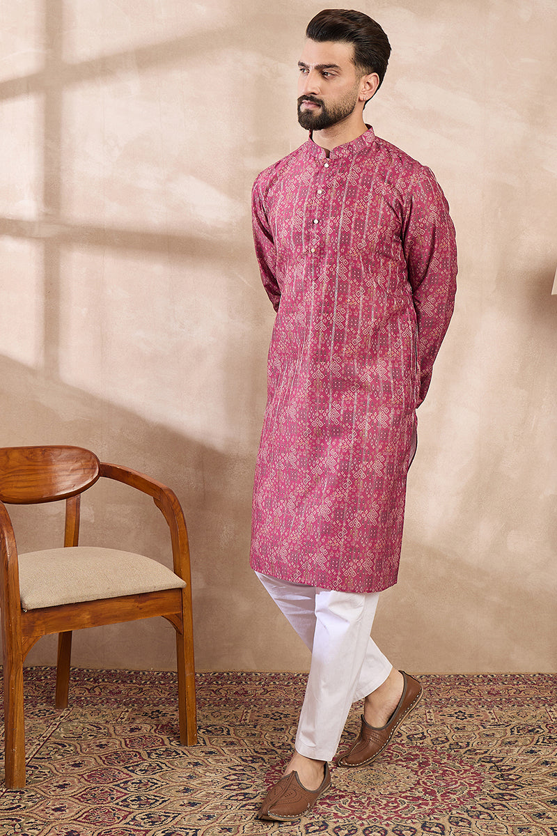 Pink Silk Blend Ethnic Motifs Printed Straight Kurta With Trouser MKSET1997