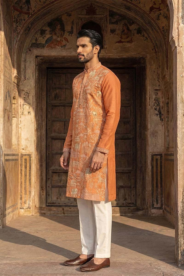 Peach Viscose Rayon Embroidered Straight Kurta With Trousers MKSET2169