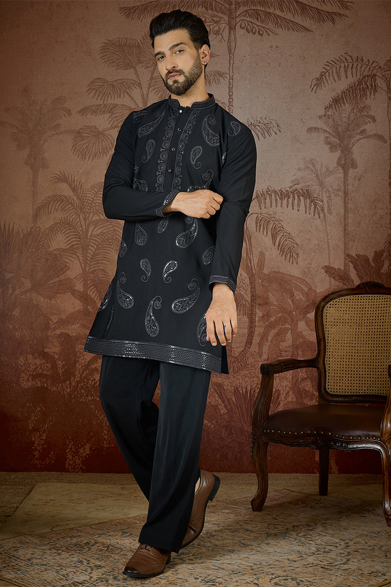 Black Silk Blend Solid Embroidered Kurta With Trouser MKSET2382