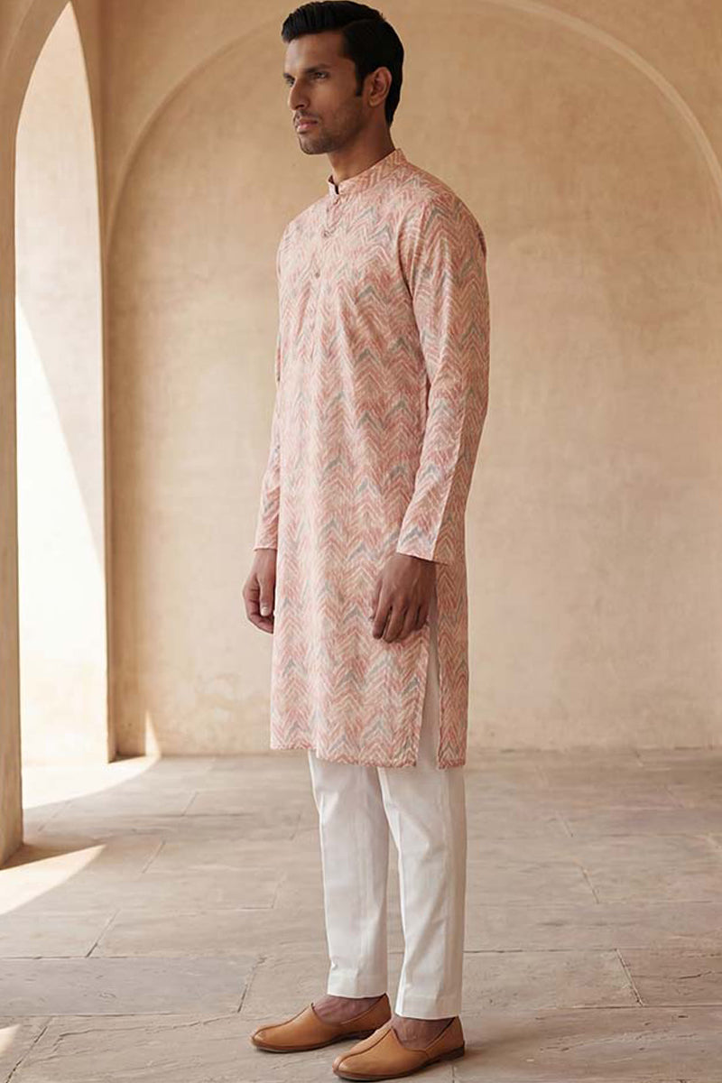 Peach Cotton Blend Chevron Embroidered Kurta With Trouser MKSET2069