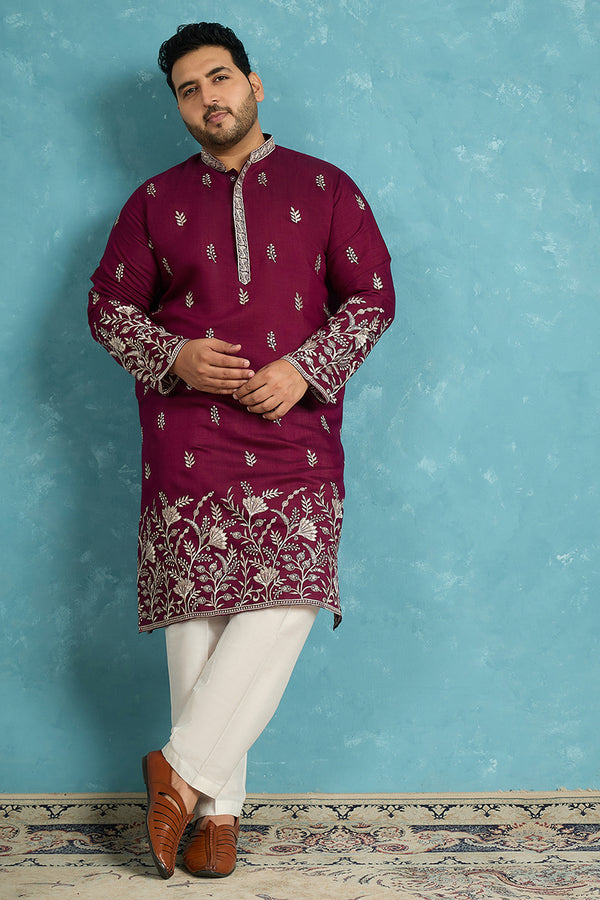 Purple Silk Blend Solid Thread Work Embroidered Kurta MKU1944