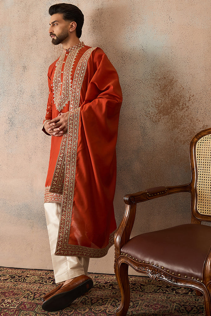 Orange Silk Blend Solid Embroidered Kurta And Trouser With Dupatta MKPD1028