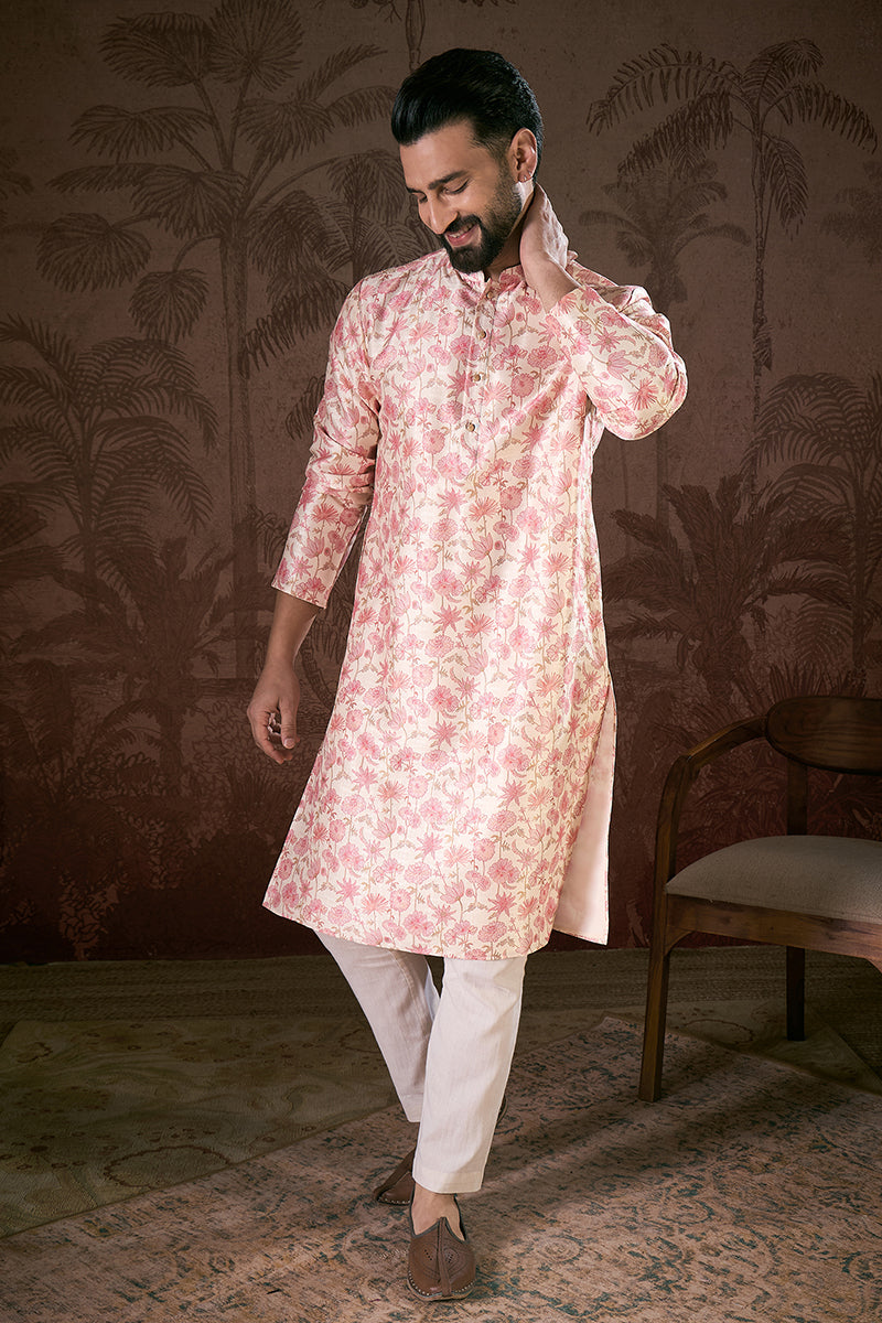 Off White Silk Blend Floral Printed Straight Kurta MKU1908