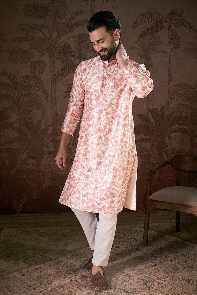 Off White Silk Blend Floral Printed Straight Kurta MKU1908