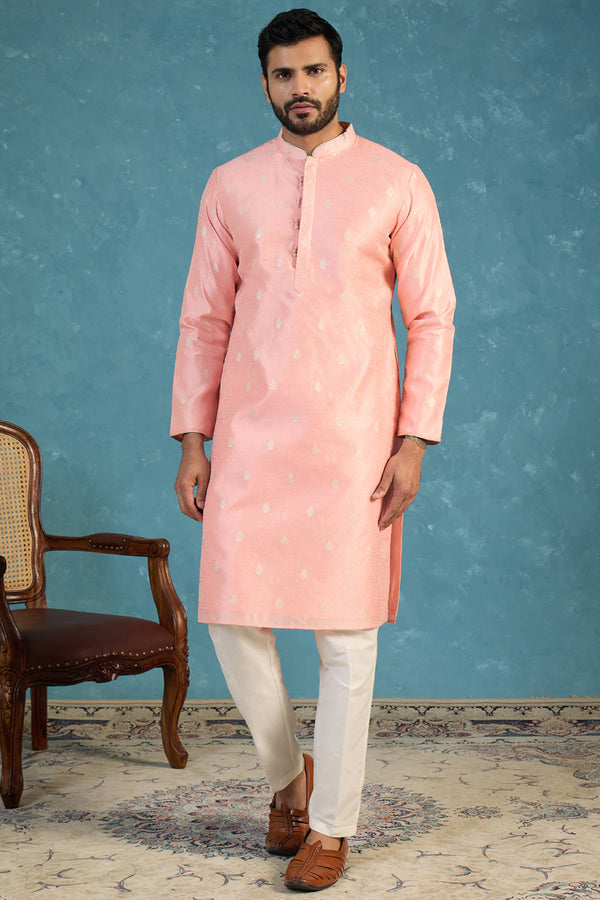 Pink Jacquard Ethnic Motifs Woven Design Kurta With Trouser MKSET2394