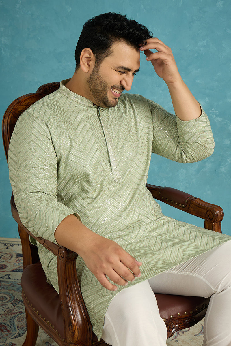 Green Viscose Rayon Solid Chikankari Embroidered Kurta MKU1109