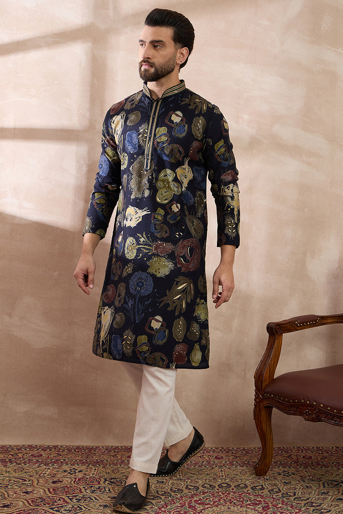 Navy Blue Silk Blend Printed Mandarin Collar Straight Kurta MKU1961