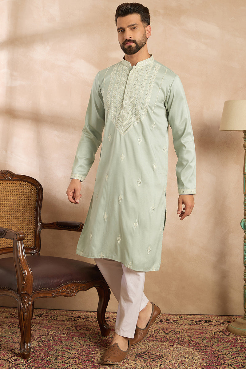 Green Silk Blend Geometric Embroidered Straight Kurta MKU1686