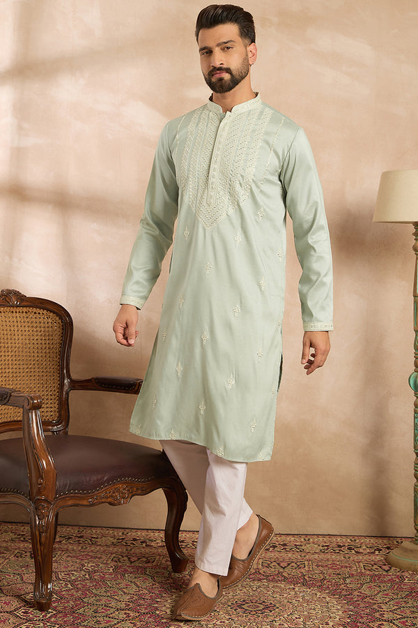 Green Silk Blend Geometric Embroidered Straight Kurta MKU1686