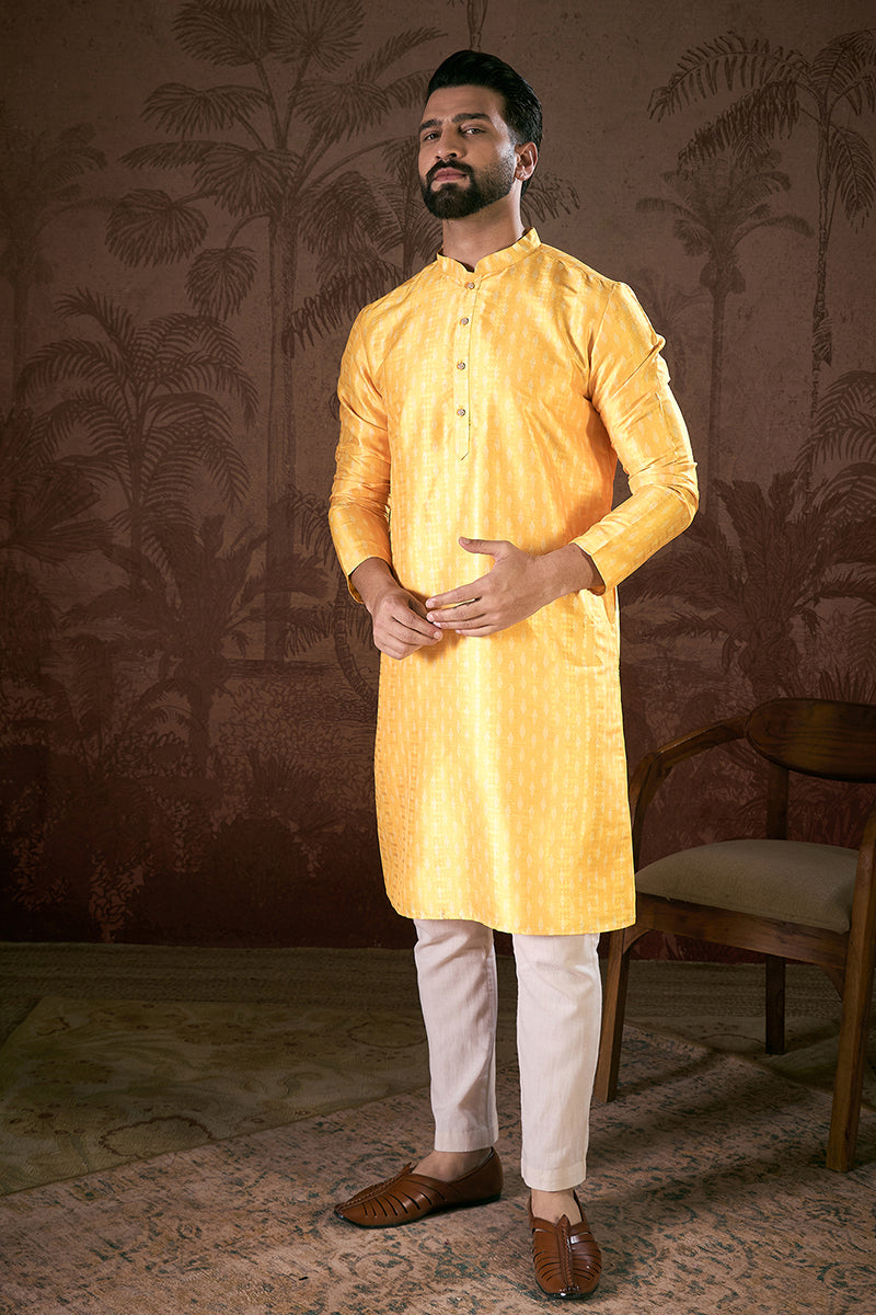 Yellow Silk Blend Ethnic Motifs Printed Straight Kurta With Trouser MKSET1952
