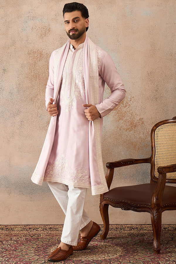 Lavender Silk Blend Solid Embroidered Kurta Trouser With Dupatta MKPD1038