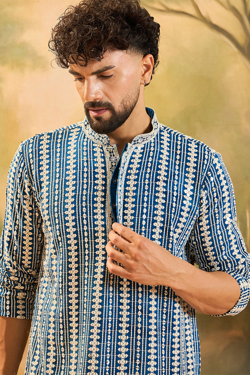 Blue Viscose Rayon Embroidered Kurta With Trousers MKSET1412