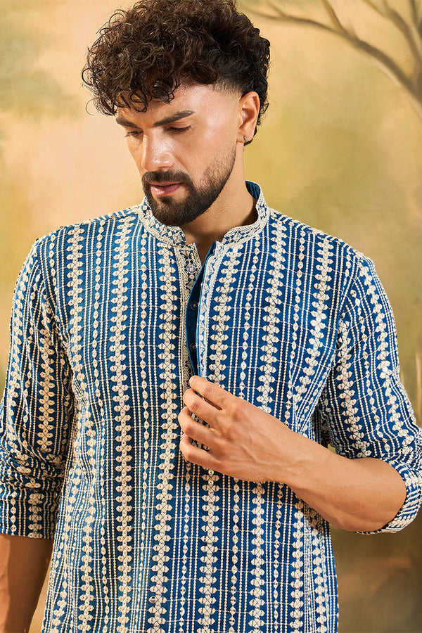 Blue Viscose Rayon Embroidered Kurta With Trousers MKSET1412