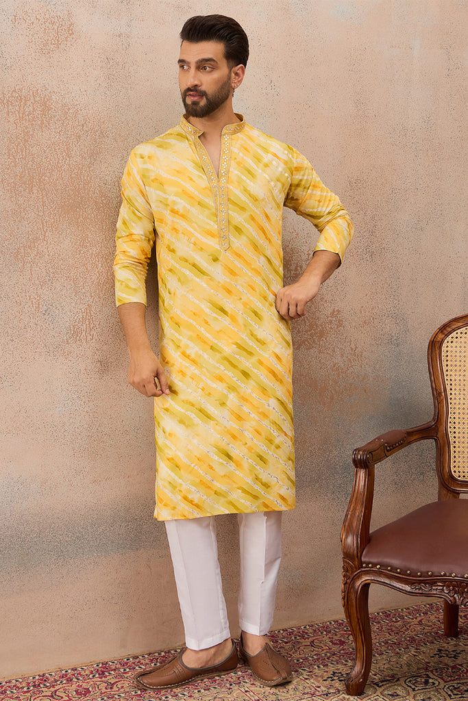 Yellow Viscose Rayon Leheriya Printed Kurta MKU2756