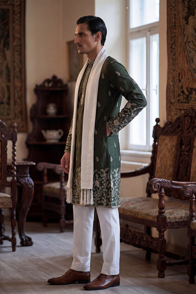 Olive Chanderi Silk Solid Embroidered Straight Kurta with Dupatta MKUD1319