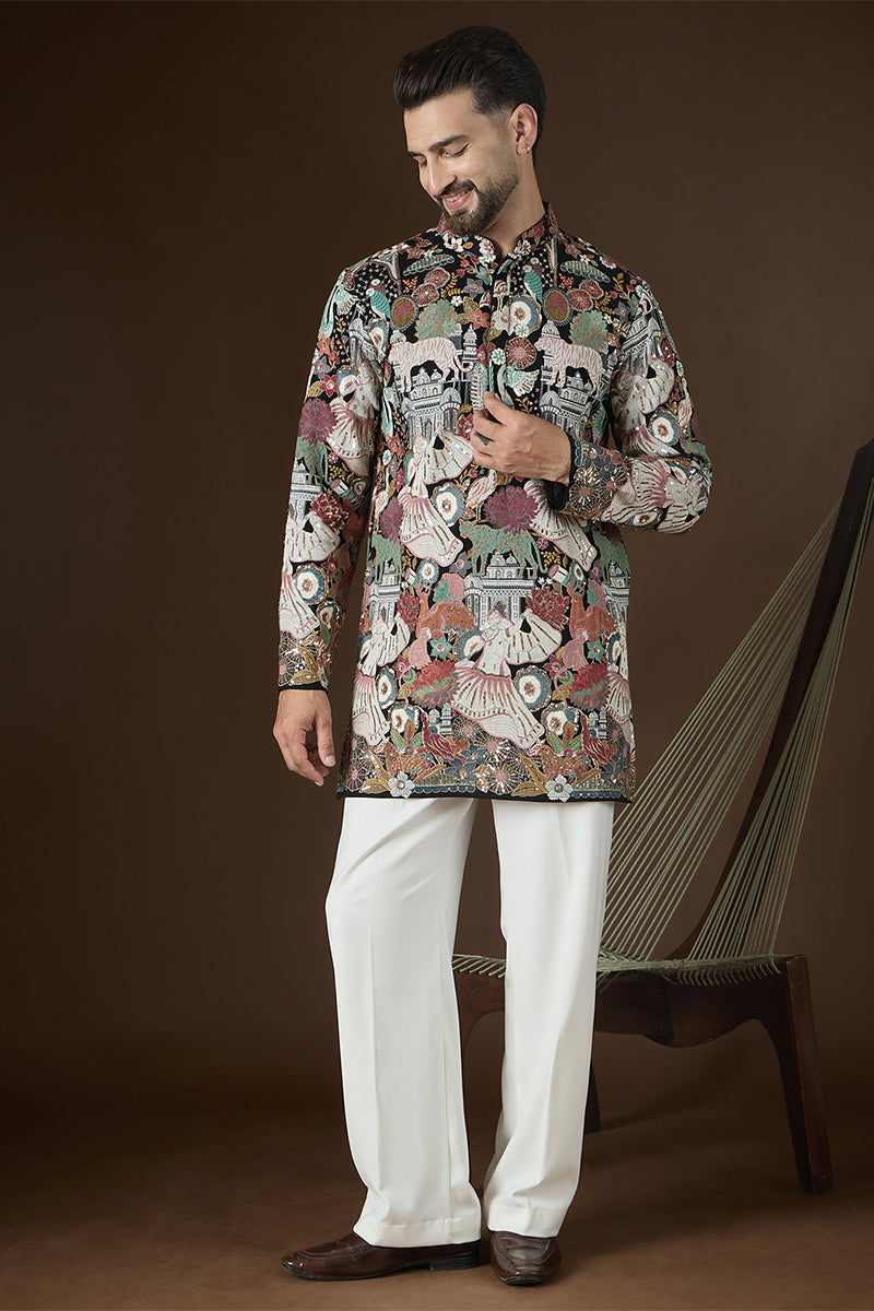 Black Georgette Solid Embroidered Kurta With Trouser MKSET2725