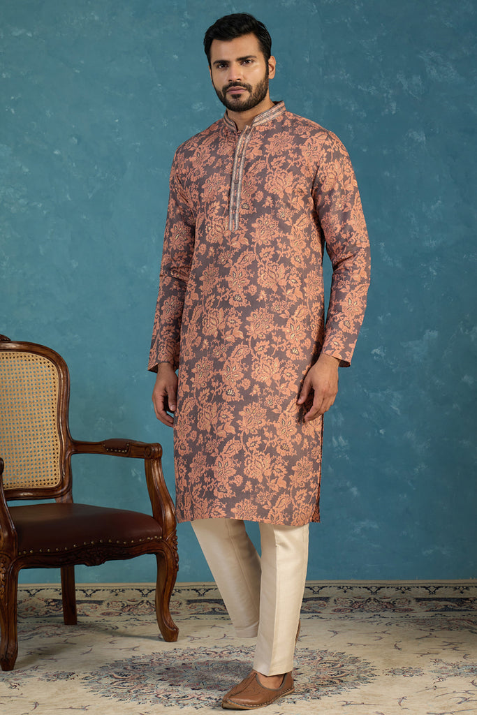 Grey Modal Floral Printed Calf Length Straight Regular Kurta With Trouser MKSET1980