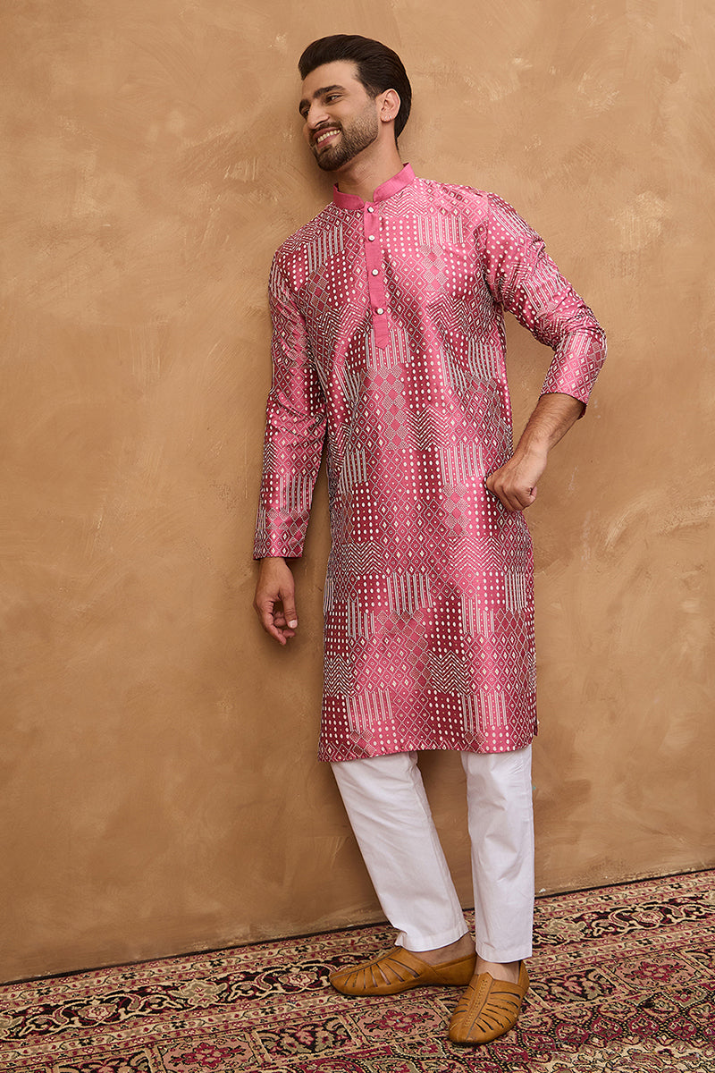 Pink Silk Blend Geometric Printed Straight Kurta With Pant Set MKSET1526