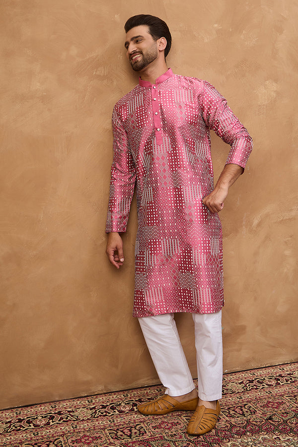 Pink Silk Blend Geometric Printed Straight Kurta With Pant Set MKSET1526
